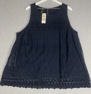 NWT Alfani Blouse 3X Navy Sleeveless Lace Overlay Fairy Whimsy Nouveau Fleur - Picture 1 of 8
