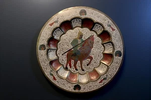 35 cm Ø antik Emailarbeit orient Tablett teetisch teller Messing brass tray K/10 - Picture 1 of 22