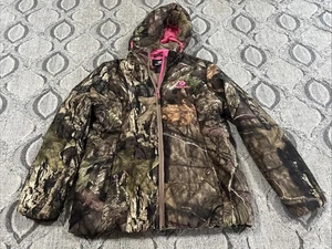 Mossy Oak Girls Camo Hooded Coat Large Green Pink Faux Fur Trim Hunting Jacket - Picture 1 of 9