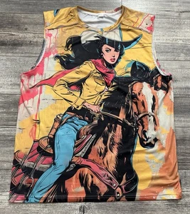 Happy Cowgirl Riding Horse Comic Illustration Art Shirt Adult Size Medium Girl - Picture 1 of 6