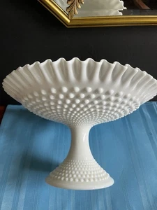 Vintage Fenton Glass Milk White Hobnail Ruffled Pedestal Cake Stand Plate 12" - Picture 1 of 7