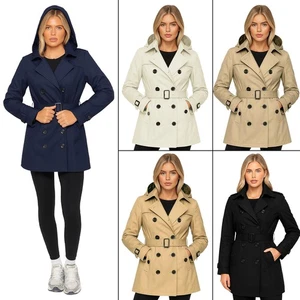 Womens Trench Coat Kruze Ladies Hooded Waterproof Slim Fit Button Up Jacket - Picture 1 of 20