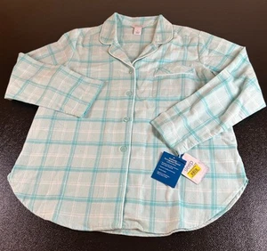 Sleep Sense Pajama Top Womens aqua blue White Plaid Portuguese Flannel large - Picture 1 of 11