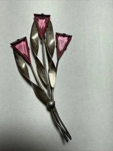 Brooch Pink Crystals Sterling Art Deco 3.75” Open Back Triangular Stones - Picture 1 of 13