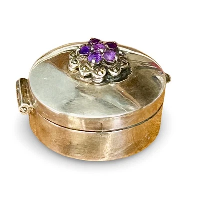 Pastillero vintage de plata de ley con flor de vidrio amatista  Foto 1 de 4