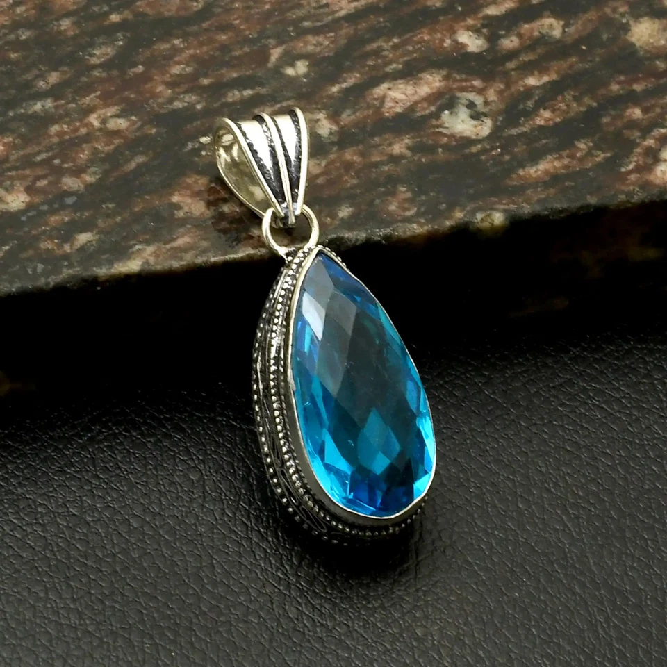Blue Topaz Gemstone Ethnic Handmade Antique Design Pendant Jewelry 2" AP-30080 - Image 1 of 1