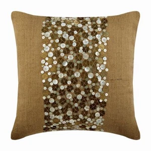 Pillow Cover Beige 16"x16", Bed Decor Cotton Floral - Gold Silver Sands - Picture 1 of 3