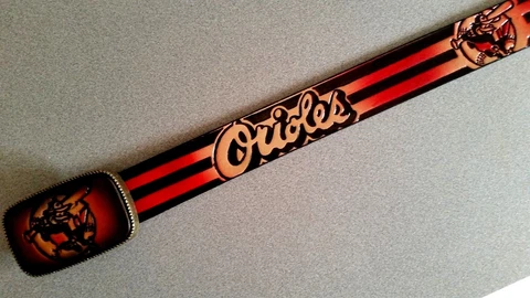 BALTIMORE ORIOLES  Tooled Genuine Leather Belt & Matching  O's Buckle Leather Cover
