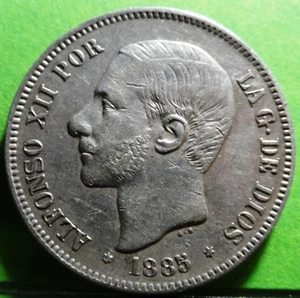 Escaso ALFONSO XII, 5 Pesetas 1885 Estrellas 18 - 87, MP-M, Plata, ESPAÑA - Imagen 1 de 2
