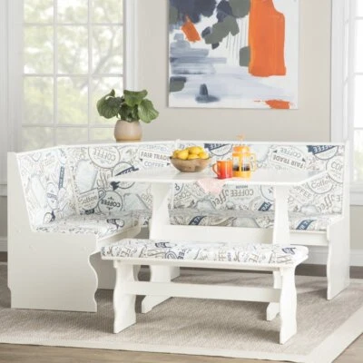 3 pc White Coffee Top Breakfast Nook Dining Set Corner Booth Bench Kitchen Table - Image 1 of 4