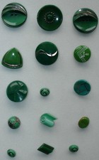 15 Vintage GREEN GLASS  BUTTONS Silver & Gold Luster Some Mates Art Deco Designs