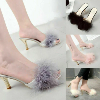 Women High Heels Slippers Fluffy Fur Peep Toe Stiletto Party Shoes Sandals Mules - Image 1 of 4