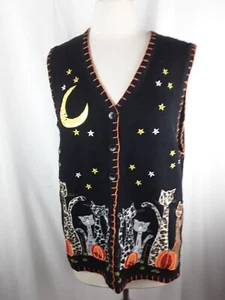 Weißer Hirsch XL Halloween Pullover Weste Katzen Kürbisse Pailletten schwarz - Bild 1 von 4