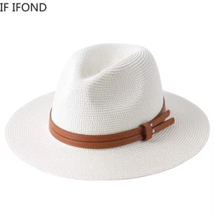 Women Wide Brim Straw Natural Panama Soft Leather Belt Fedora Beach Sun Hat - Picture 1 of 40