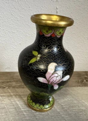 "Florero cloisonné negro miniatura motivo floral latón esmalte chino cloisonné 4,25""" Foto 1 de 4