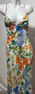 ASOS Design Women Size 6 Satin Midi Summer Dress Cream Orange Blue Floral Print - Picture 1 of 6