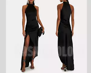RETROFÊTE Sab Ruched Satin Halter High-Low Maxi Dress Evening Gown sz S - Picture 1 of 13