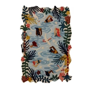 Floral Design Handmade Tufted Rug River Water Pattern in Sky Colors Bedroom Rug - Picture 1 of 10