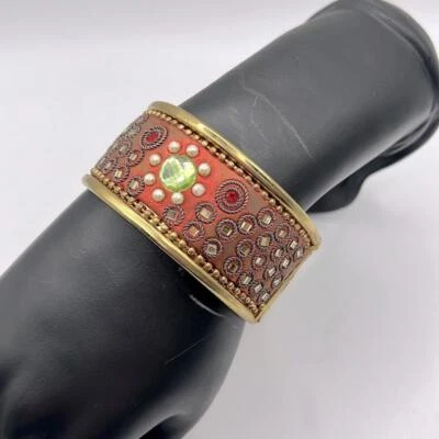 Brazalete Bohemio Boho Tono Dorado Rojo Cuentas Estrás Joyería con Bisagras Foto 1 de 4