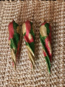 Set of 3 Vintage Red Gold Green Swirl Mercury Glass Icicle Ornament Mica Glitter - Picture 1 of 9