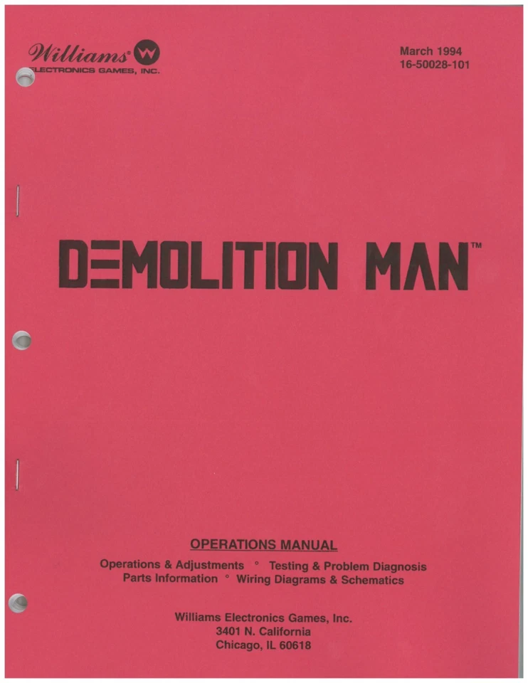 Williams DEMOLITION Man Pinball Machine Manual 144 Pages NEW - FREE USA SHIP!! - Image 1 of 1