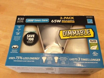 3-pk FEIT R30 Light Bulbs~~Dimmable Frost Reflector Recessed/Flood R30 65W - Image 1 of 4