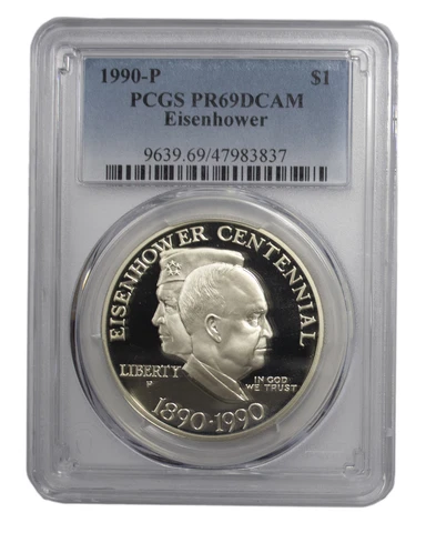 1990 -P Eisenhower Proof Commemorative Silver Dollar PCGS DCAM PR69 Cover