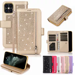 For iPhone 15 14 13 12 11 Pro Max XR Bling Leather Wallet Stand Phone Case Cover - Picture 1 of 14