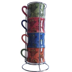 Pier 1 Owl Mugs Stacked Lot Of 4 In Metal Rack Stand Orange Green Red Blue Retro - Picture 1 of 15