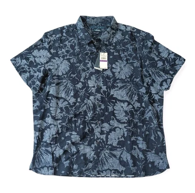 Perry ellis linen blend untucked shirt Blue Hawaiian Floral Mens Top Sz 2XL  - Image 1 of 4
