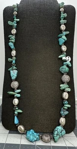 NOS Chunky Turquoise Sterling Bead Southwestern Navajo Necklace Long 32” Inch! - Picture 1 of 19