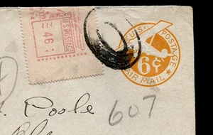 REGIST 1950 6cOR. AIRMAIL POST STAT. UPRATED w/46c METER LABEL tied OVAL CANACEL - Picture 1 of 4