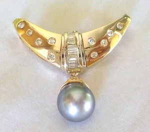 Magnífico colgante de diamantes de perlas de Tahití de oro amarillo de 14K - 17,9 gms, 1,20 ctw - Imagen 1 de 11