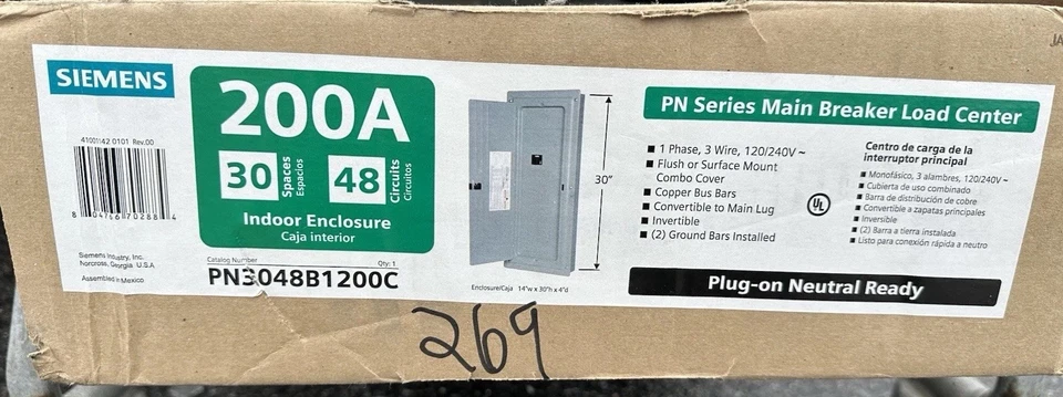 Siemens PN 200Amp 30Spaces 48 Circuit Indoor  Main Breaker Panel Plug-On Neutral - Image 1 of 1