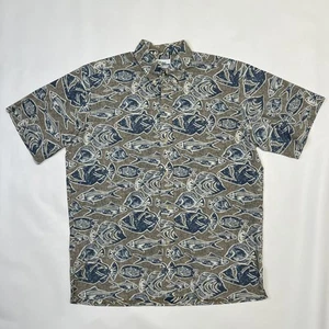 Reyn Spooner Shirt Mens Medium Blue Tan Fish Print Hawaiian Button Up Reverse - Picture 1 of 12