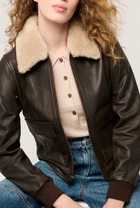 OVERLAND TRACY Rindsleder Bomber Lederjacke Lammfellkragen Neu mit Etikett XL (L?) 495 $ - Bild 1 von 13