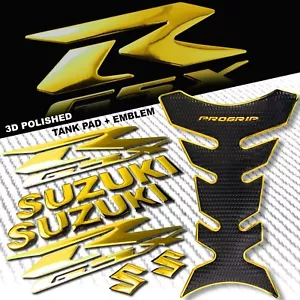 CHROMED GOLD PRO GRIP FUEL TANK PAD+6"3D SUZUKI LOGO+GSXR FAIRING EMBLEM STICKER - Picture 1 of 9