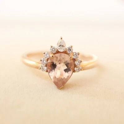 14k Rose Gold Natural Morganite and Moissanite Gemstone Women Wedding Ring - Image 1 of 4