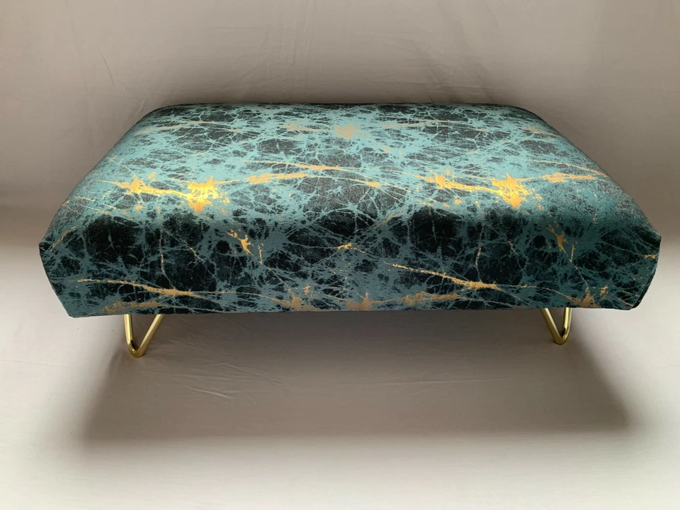 Gold and navy upholstered footstool with gold Hairpin Leg Company legs - Image 1 of 4