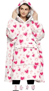 Blanket Sweatshirt Hoodie Adults Sherpa White w/ Pink HEARTS Oversized LOVE NEW - Picture 1 of 6