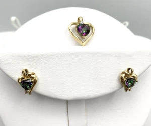 10K Yellow Gold Mystic Topaz & CZ Heart Earrings & Pendant - Picture 1 of 12
