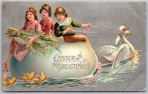 Vtg Easter Greetings Girls Riding Egg Pulled By Swan Silver1909 Old Postcard - Picture 1 of 2