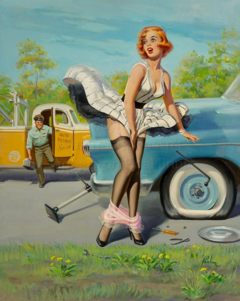 ART FRAHM Pin-Up Poster or Canvas Print "Tow Truck (Flat Tire)" Classic Car - Image 1 of 1