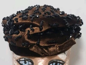 Vintage Neiman Marcus braun Velours Pillbox Hut Perlen - Bild 1 von 9