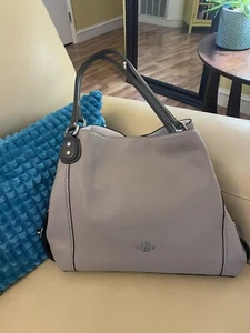 COACH Beige Tan Edie Color Block With Snakeskin All Leather Shoulder Bag Purse - Picture 1 of 10