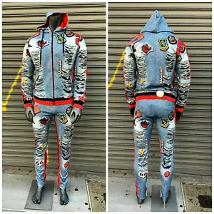 Tuta uomo blu medio sbiancata | righe rosse | strappata all over moda - Foto 1 di 5