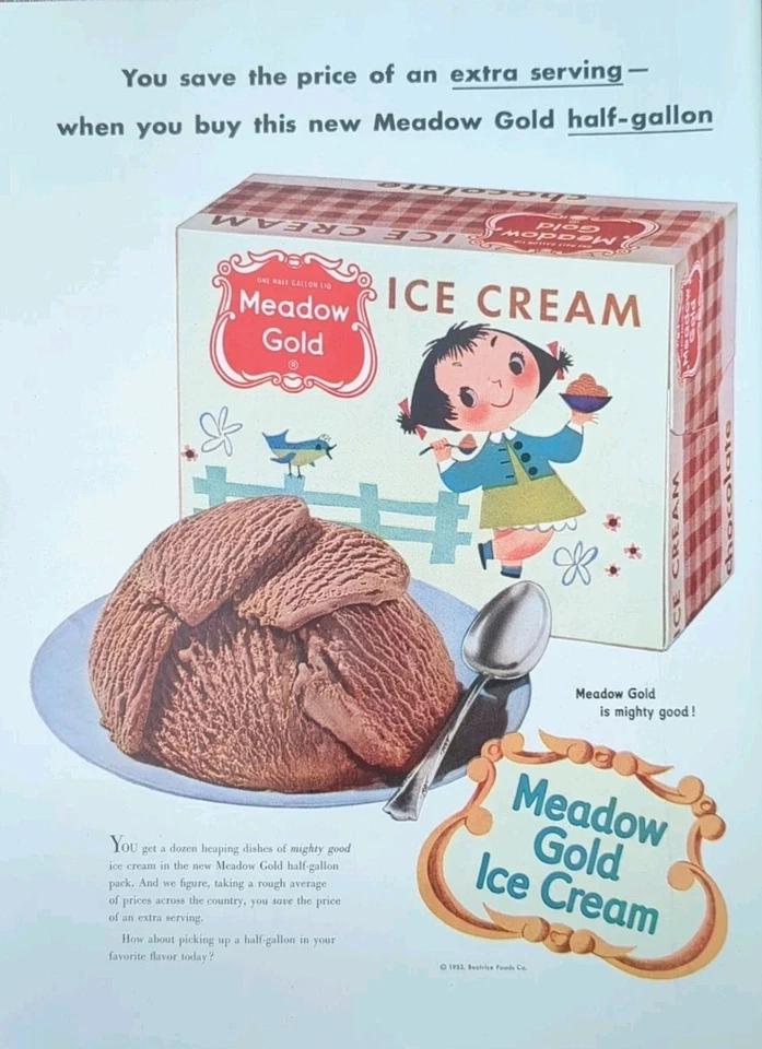 Cartón de helado dorado vintage Meadow 1953, ilustración arte de pared Foto 1 de 1