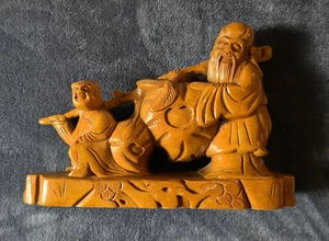 Antiguo dios chino de la longevidad Shou Lao and Son detallado boj tallado - Imagen 1 de 9