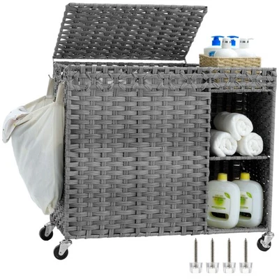 Laundry Hamper with Wheels, 160L Rattan Wicker Laundry Basket with Lid, Handw... - Image 1 of 4