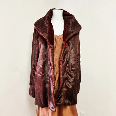Dennis Basso Faux Fur Coat Size L Reversible Red Maroon Pockets Soft - Image 1 of 4